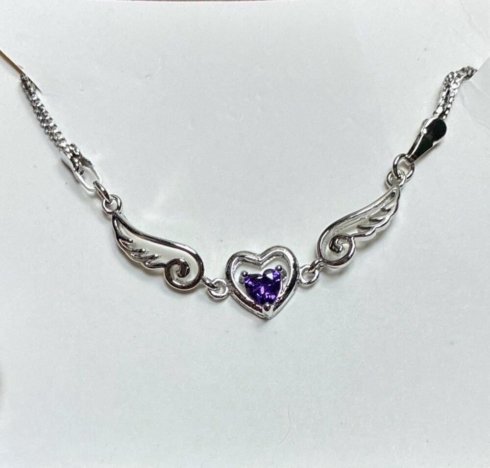 Sterling Silver Dble Box chain Angel wings amethyst clrd heart 8” Bracelet